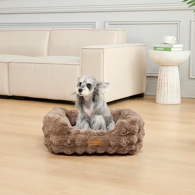 Modern Threads Brushed Long Pile Rabbit Fur Cuddler Dog Bed, Bolstered Supportive Sides, Calming Nest Design, Removable Washable Cover, Bed for Small to Medium Dogs, Chocolate, (24"L x 20"W x 8"Th)