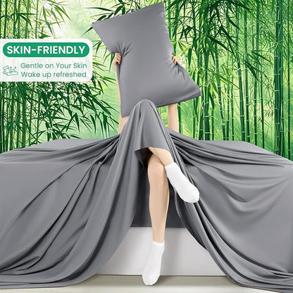 SONORO KATE 100% Viscose Derived from Bamboo_Sheets King Size, Ultra Breathable & Cooling Bed Sheets for Hot Sleepers, Hotel Luxury Silky Bedding Sheets, 16" Deep Pocket - 4PC (Grey,King)