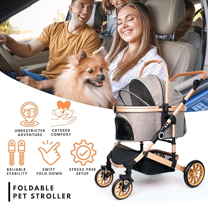 Bicystar Pet Stroller for Medium Dogs, Smooth-Ride Dog Stroller with Detachable Carrier, Rubber Wheels, Car Seat Combo 3-in-1, Up to 50 lbs, for Senior Dogs & Cats, Grey