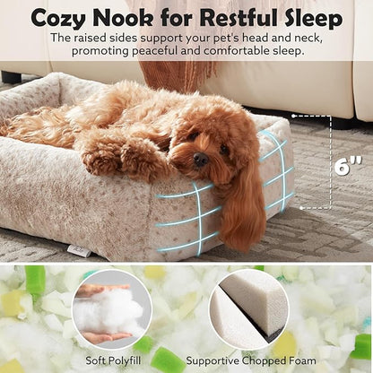 JOEJOY Small Dog Bed for Small Dogs, Removable Washable Cover Orthopedic Soft Faux Rabbit Fur Pet Bed, Anti-Slip Fluffy Plush Puppy Bed, 20"x19"x6", Leopard Print, Beige