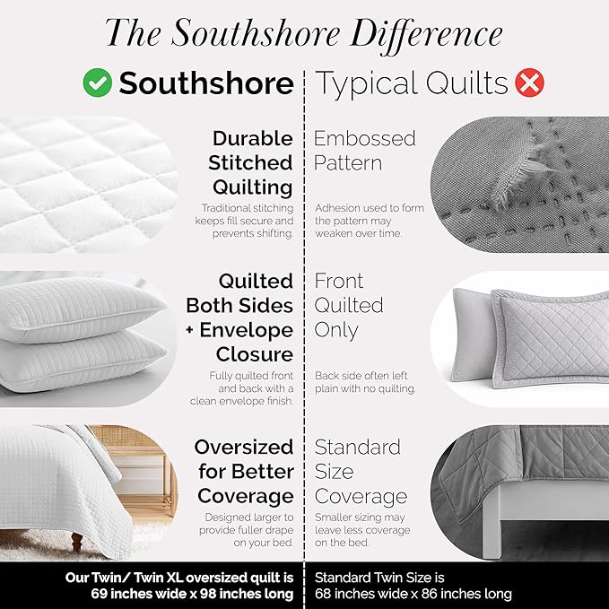 Southshore Fine Living, Inc. XL Twin Quilt Set, Microfiber Quilted Bedspread, White Bedding Twin Coverlet w/Pillow Sham, Pet Hair Resistant Bedding Coverlet Set, Quilted Comforter, Bright White Quilt