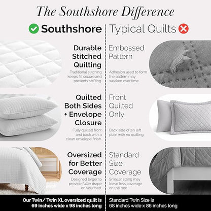 Southshore Fine Living, Inc. XL Twin Quilt Set, Microfiber Quilted Bedspread, White Bedding Twin Coverlet w/Pillow Sham, Pet Hair Resistant Bedding Coverlet Set, Quilted Comforter, Bright White Quilt
