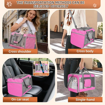 Cat Carrier for Large Cats up to 20 Lbs,Soft-Sided Pet Carrier for Large and Medium Cats, Small Dogs,Puppies,Collapsible Dog Carrier Travel Bag with 2 Storage Bags,4 Mesh Windows (Pink, Medium)