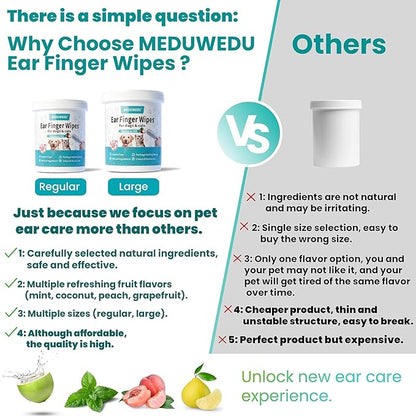 MEDUWEDU Wider Ear Cleaner Finger Wipes 60 Counts, Dog Ear Cleaner, Grooming Kit Care for Dogs and Cats,Otic Cleaning Pads, Remove Wax, Dirt & Stop Smelly, Itchy, Non-Irritating, Coconut Scent