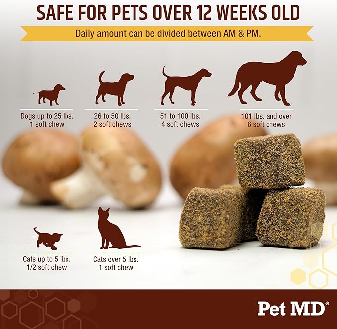 Pet MD Mushroom Immune Support for Dogs & Cats - Turkey Tail Mushroom Immune Support Supplement - Milk Thistle with CoQ10 for Dogs & Cats - Immunity Supplement for Pets - 120 Chews