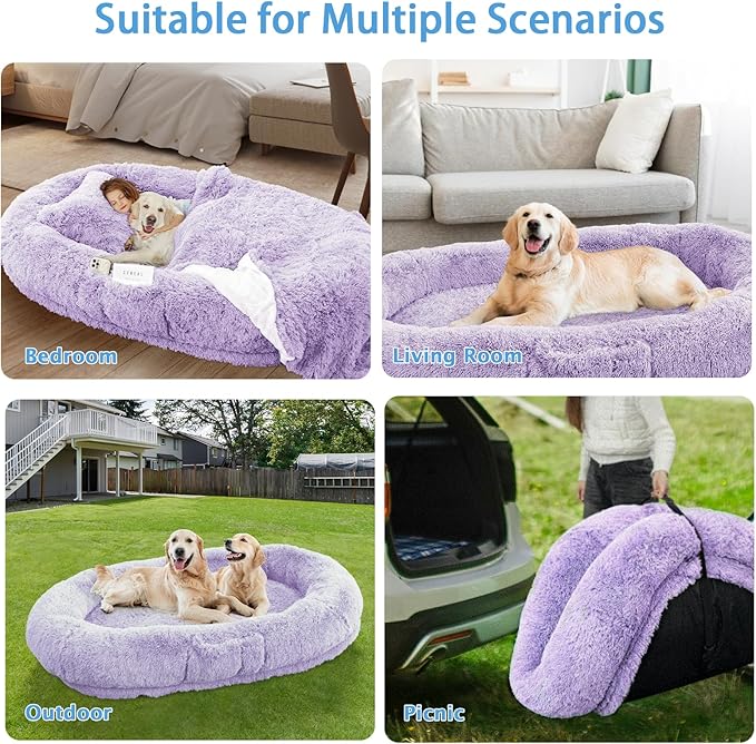 Human Dog Bed, 71''x45''x12'' Size Fits People and Pet 10 CM Thick Memory Foam Washable Adult Large Bed Giant Oversize Foldable Dog Bed with Plump Pillow, Blanket, Strap - Purple
