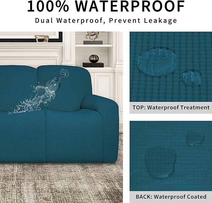 Easy-Going 100% Dual Waterproof Recliner Sofa Cover, 8-Pieces Stretch Relining Couch Cover with Pocket, Jacquard 3 Seat Sofa Slipcover Leakproof Washable (Sofa, Peacock Blue)