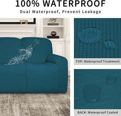 Easy-Going 100% Dual Waterproof Recliner Sofa Cover, 8-Pieces Stretch Relining Couch Cover with Pocket, Jacquard 3 Seat Sofa Slipcover Leakproof Washable (Sofa, Peacock Blue)