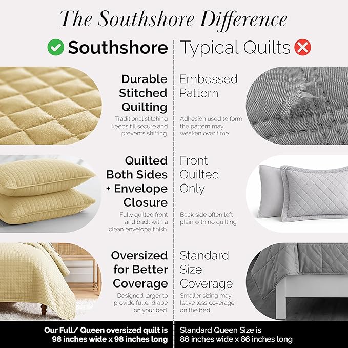 Southshore Fine Living, Inc. Full/Queen Quilt Bedding Set, Cozy Coverlet Queen Size Bedspread, Wrinkle-Free, Pet Hair Resistant Bedding, Full Size Quilt Coverlet w/2 Pillow Shams, Gold