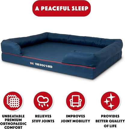 The Dog’s Bed Orthopedic Memory Foam Dog Bed with Bolsters for XL Dogs, Waterproof Washable Cover, Anti-Slip Base, Calming Surface – CertiPUR-Certified Foam, Oxford Fabric, Blue with Dark Red Trim, XL