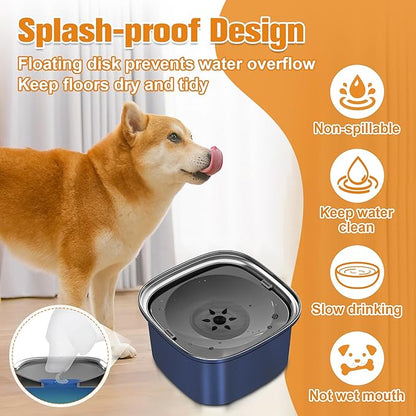 Decflow 3L Dog Water Bowl Stainless Steel Slow Drinking Dog Bowl with Lid, No Spill Water Bowl for Large Dogs Splash Proof Vehicle Carried Travel Pet Water Bowl Dispenser for Messy Drinkers, Deep Blue