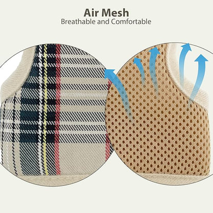 AIITLE Breathable Rabbit Harness and Leash Set - Plaid Pattern Padded Vest with Magic Tape Design, Dual D-Rings, Adjustable for Small Animal Pets, Indoor Outdoor Training Camping, Beige M