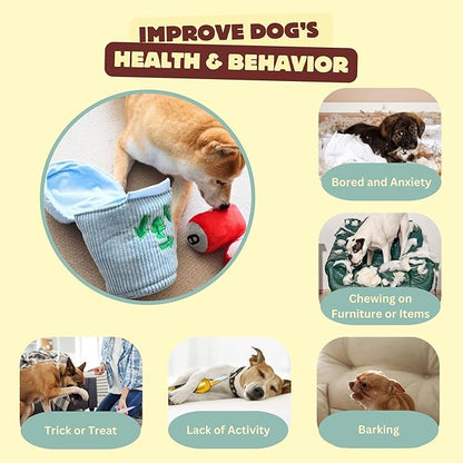 Dog Squeaky Toys, Plush Puzzle Dog Toy for Small Medium Large Dogs, Chew Fetch Brain Stimulating Toy, 3 Durable Small Toys with a Big Trash Can