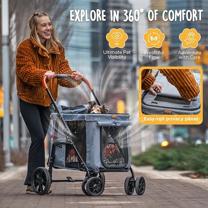 CANINE CANYON Scout Pet Stroller, Heavy Duty Dog Stroller for Small & Medium Dogs, Foldable Pet Stroller with All-Terrain Wheels, Breathable Mesh, Storage Pocket & Cup Holder, 55 lbs Capacity, Grey
