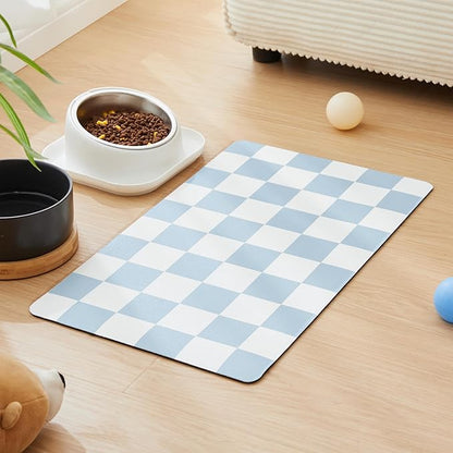 Ralxion Checkered Dog Feeding Mat, Absorbent Mats for Dog Food and Water Bowl, Dispenser, Retro Aesthetic Cute Blue Checkerboard Pet Placemat for Dogs, Cats, Puppy Accessories, 12" X 19”
