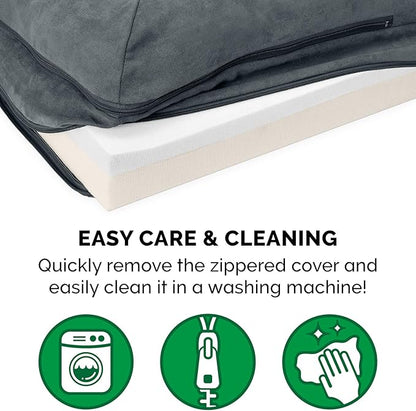 Furhaven Memory Foam Dog Bed for Large/Medium Dogs w/ Removable Bolsters & Washable Cover, For Dogs Up to 55 lbs - Two-Tone Plush Faux Fur & Suede L Shaped Chaise - Stone Gray, Large