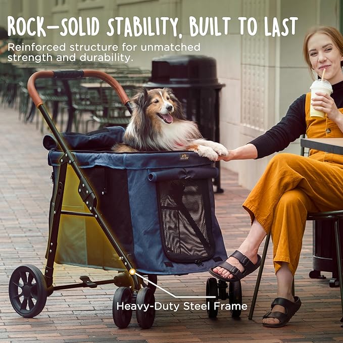 CANINE CANYON Scout Pet Stroller, Heavy Duty Dog Stroller for Small/Medium Dogs, Foldable Pet Stroller with All-Terrain Wheels, Breathable Mesh, Storage Pocket & Cup Holder, 55 lbs Capacity, Navy Blue