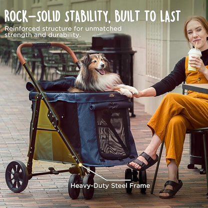 CANINE CANYON Scout Pet Stroller, Heavy Duty Dog Stroller for Small/Medium Dogs, Foldable Pet Stroller with All-Terrain Wheels, Breathable Mesh, Storage Pocket & Cup Holder, 55 lbs Capacity, Navy Blue