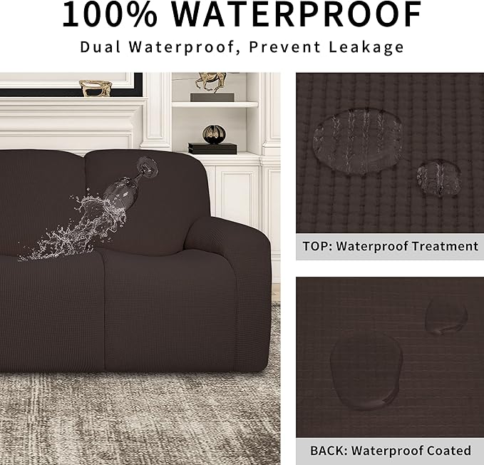 Easy-Going 100% Dual Waterproof Recliner Sofa Cover, 8-Pieces Stretch Relining Couch Cover with Pocket, Jacquard 3 Seat Sofa Slipcover Leakproof Washable (Sofa, Chocolate)