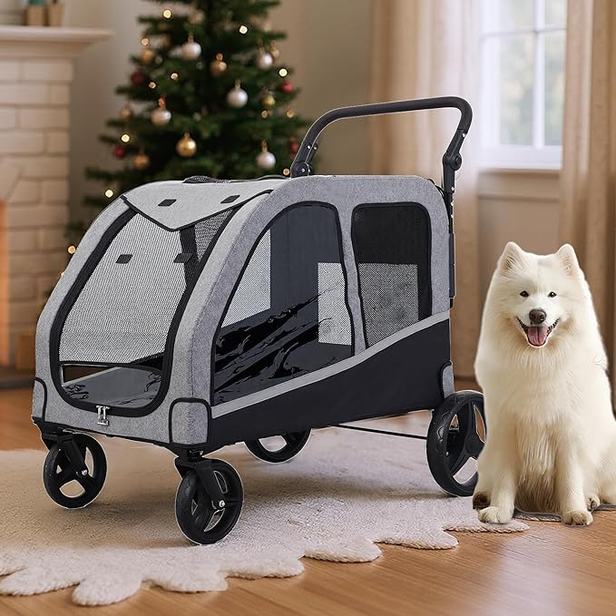 Kepptory Large Dog Stroller for Medium/Large Dogs up to 130 lbs, Foldable Pet Stroller with 4 Wheels, Adjustable Handle, Heavy Duty Dog Carriage for Senior, Disabled, Injured Pets, Grey