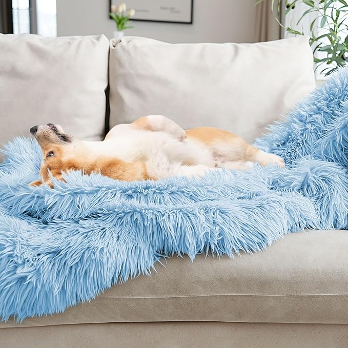 JONIYEAR Extra Large Decorative Fluffy Faux Fur Blanket Queen Size 80" x 90", Soft Luxury Lightweight Furry Blankets, Solid Cozy Shaggy Plush Thick Warm Fuzzy Blankets for Winter Bed Couch, Blue