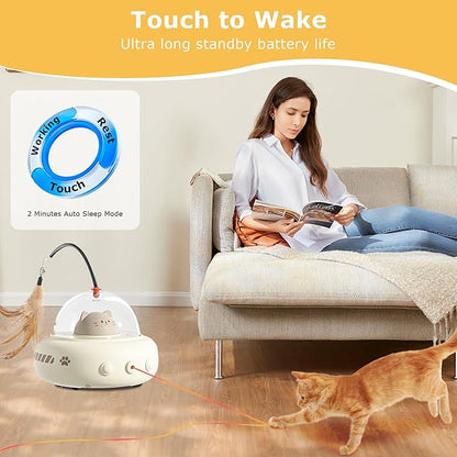 hooroor 2-in-1 UFO Laser Cat Toy with Feather, Automatic Motion Smart Sensor Interactive Toy for Indoor Cats&Small Dogs, Rechargeable Obstacle-Avoidance Exercise Toy, Self-Play Pet Gift White