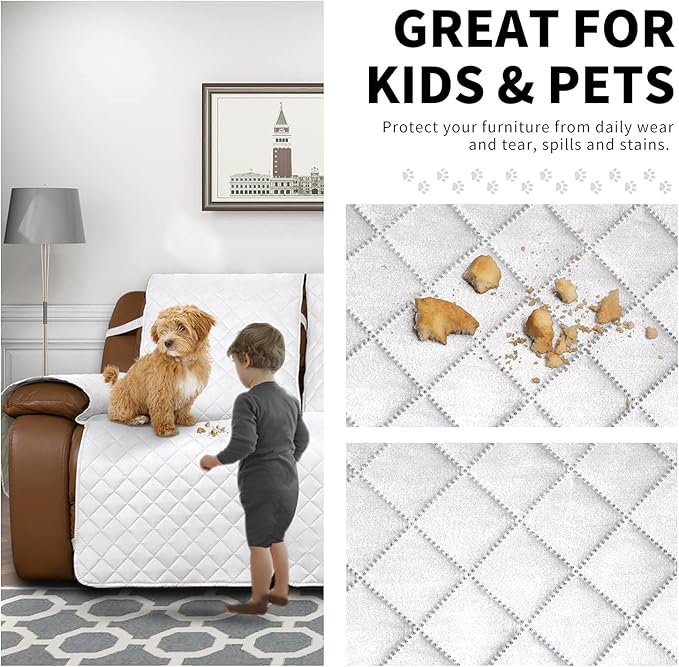 Easy-Going Recliner Sofa Cover, Reversible Couch Cover for 3 Seat Recliner, Split Sofa Cover for Each Seat, Furniture Protector with Elastic Straps for Kids, Dogs, Pets(3 Seater, White/White)