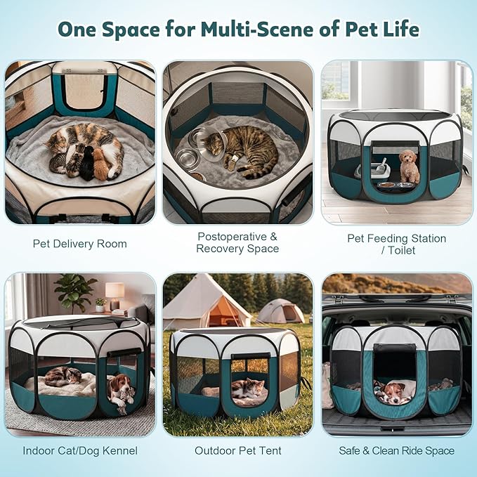 Portable Cat Playpen for Indoor Enclosed: Foldable Pet Playpen for Cat Small Dog Indoor Outdoor with Zipper Top Cover - Pop Up Puppy Kitten Tent Crates Cage Kennel with Carrying Case (Blue/White)