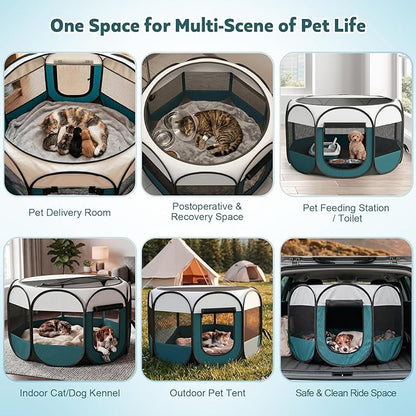 Portable Cat Playpen for Indoor Enclosed: Foldable Pet Playpen for Cat Small Dog Indoor Outdoor with Zipper Top Cover - Pop Up Puppy Kitten Tent Crates Cage Kennel with Carrying Case (Blue/White)