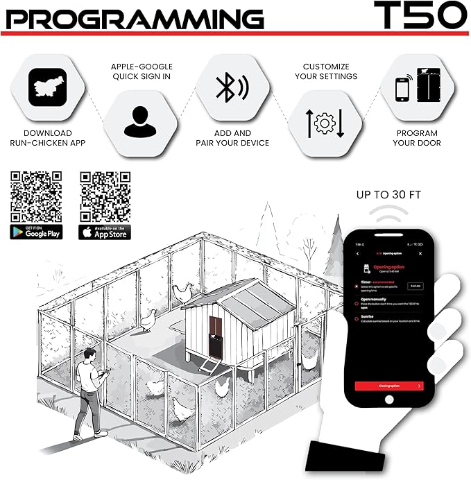 RUN-CHICKEN Door T50 – Automatic Chicken Coop Door Opener, Battery Powered & Weatherproof Aluminum, Smart App & Timer Control, Predator Proof, Easy Install, Reliable All-Season Performance (Brown)