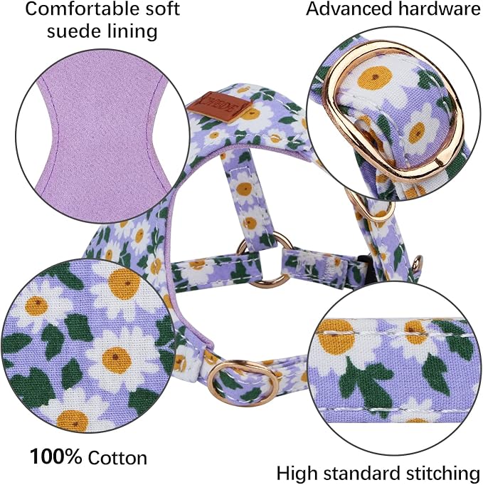 CHEDE No Pull Floral Pattern Dog Harness- Lightweight and Soft Harness, Adjustable Small Dog Harness and Leash Set, with Dog Leash, Suitable for Puppy Small and Medium-Sized Dog (S, Purple Daisy)