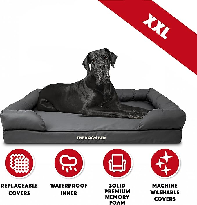 The Dog’s Bed Orthopedic Memory Foam Dog Bed with Bolsters for XXL Dogs, Waterproof Washable Cover, Anti-Slip Base, Calming Surface – CertiPUR-Certified Foam, Oxford Fabric, Grey with Black Trim, XXL