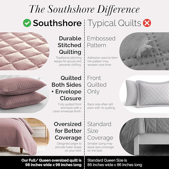 Southshore Fine Living, Inc. Full/Queen Quilt Set, Full Size Quilts with 2 Matching Pillow Shams, Lightweight Quilt Coverlet, Lightweight, Easy Care Machine Washable Queen Size Bedspread, Lavender