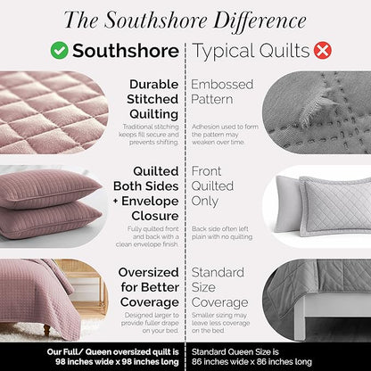 Southshore Fine Living, Inc. Full/Queen Quilt Set, Full Size Quilts with 2 Matching Pillow Shams, Lightweight Quilt Coverlet, Lightweight, Easy Care Machine Washable Queen Size Bedspread, Lavender