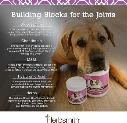 Herbsmith Sound Dog Viscosity – Advanced Joint Support for Dogs – Veterinarian Recommended Glucosamine for Dogs, Hyaluronic Acid, Chondroitin, MSM – Natural Arthritis Pain Relief – 60ct Large Chews