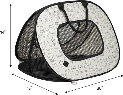 SportPet Designs Pop Open Cat Carrier, Soft-Sided Collapsible Travel Carrier for Cats up to 15 lbs, Lightweight Portable Design with Mesh Ventilation & Secure Zippers, Cat Print
