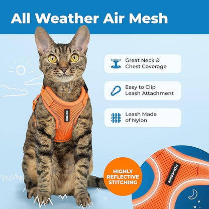 Voyager Escape-Proof Step-in Lock Cat Harness & 5ft Neoprene-Handle Leash Set All-Weather Mesh with Reflective Stitching for Small to Large Cats by Best Pet Supplies, Orange (327), XXS