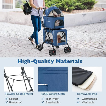 Giantex Double Dog Stroller for 2 Dogs, Detachable Carriers, Safety Belt, 4 Lockable Wheels, Pet Travel Carrier Strolling Cart, Folding Cat Stroller for Small Medium Pets Dogs (Blue)