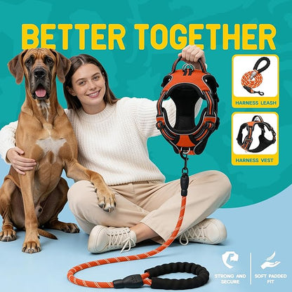 No Pull Dog Harness and Leash Set for Extra Large Dogs – Adjustable Reflective Breathable Soft Padded Easy Control Dog Harness for Training & Walking, Orange (X-Large)