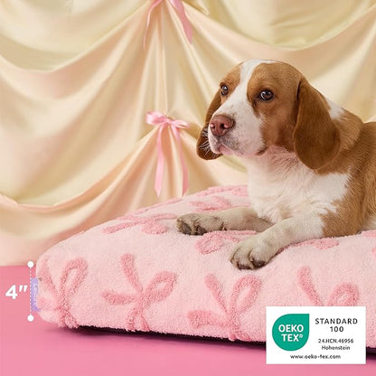 LE SURE Extra Large Dog Bed-Thick Shredded Chopped Foam Pet Bed as Gift for Indoor with Removable Cover, Cute Modern Fuzzy Plush & Anti Slip Bottom,Bow Pink