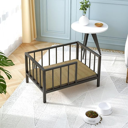 OSCHF Dog Bed with Rails - Elevated Pet Metal Bed Frame with Solid Wood Board and Washable Soft Mat for Small Dog Indoor or Outdoor Use, 21.3" x 30", Black