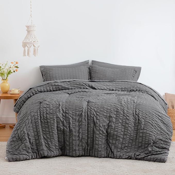 Love's cabin Seersucker Dark Grey Queen Comforter Set, 7-Piece All Season Lightweight Bed in a Bag Bedding Set with Comforter, Flat Sheet, Fitted Sheet, Pillowcases and Shams | Soft, Breathable, Lightweight