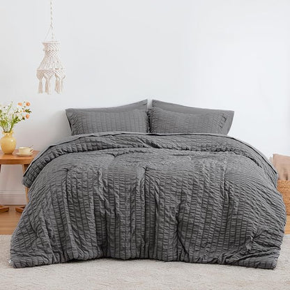 Love's cabin Seersucker Dark Grey Queen Comforter Set, 7-Piece All Season Lightweight Bed in a Bag Bedding Set with Comforter, Flat Sheet, Fitted Sheet, Pillowcases and Shams | Soft, Breathable, Lightweight