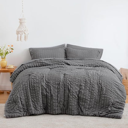 Love's cabin Seersucker Dark Grey King Size Comforter Set, 7-Piece All Season Lightweight Bed in a Bag Bedding Set with Comforter, Flat Sheet, Fitted Sheet, Pillowcases and Shams | Soft, Breathable, Lightweight