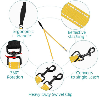 PetBonus Two Point Control Dog Leash, Works with No Pull Harnesses, No Tangle Training Leashes, Soft Padded and Reflective Walking Lead, Converts to Single Lead for Medium Large Dogs (Yellow)
