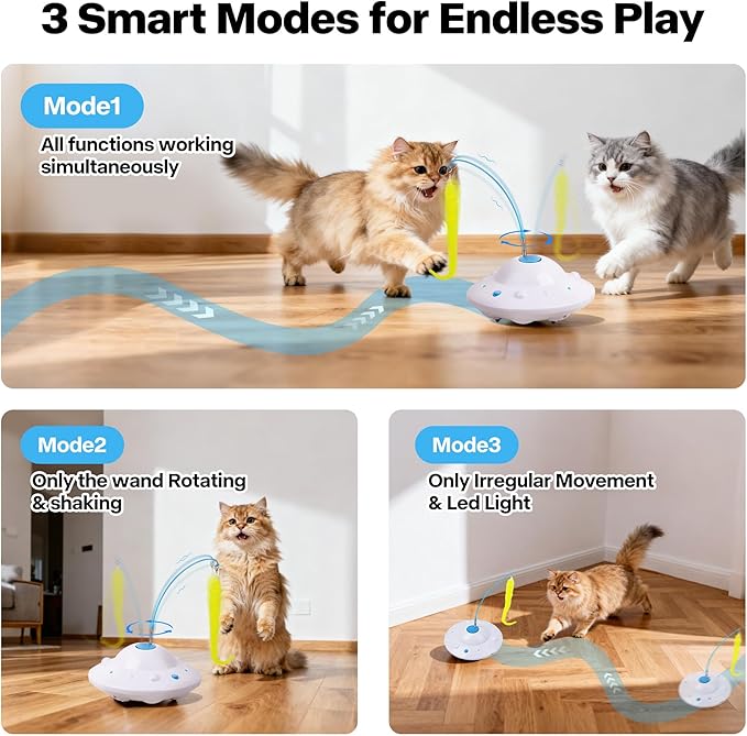 Pet Prime 3-in-1 Interactive Cat Toy with 6 Replaceable Attachment - Automatic USB Rechargeable Self Moving Cat Toy for Bored Indoor Kittens and Adult Cats