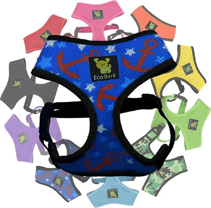 EcoBark Dog Harness - Eco-Friendly Max Comfort Harnesses - Luxurious Soft Mesh Halter - Over The Head Chest Harness Vest- No Pull and No Choke for Puppy, Toy Breeds & Small Dogs (Small, Nautical)