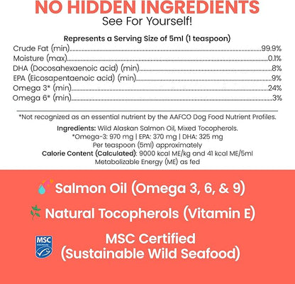Wild Alaskan Salmon Oil for Dogs & Cats 16 oz - Omega 3 Dog Fish Oil Liquid, EPA DHA for Skin & Coat, Itch Relief, Shedding & Joint Health - MSC Certified, Made in USA, Pump Bottle - Chew + Heal