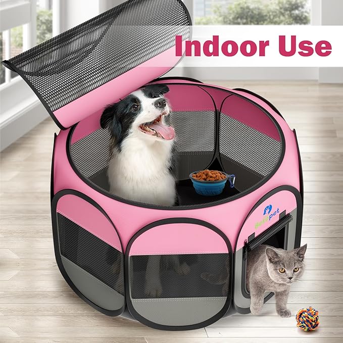 Playpen for Small Dogs Cats Crate: Puppy Play Pen Indoor Outdoor Foldable Potable Exercise Cage Pop up Kennel for Guinea Pig Rabbits Hamster Travel with Carrying Case & Food Bowl (Pink, L, 1)
