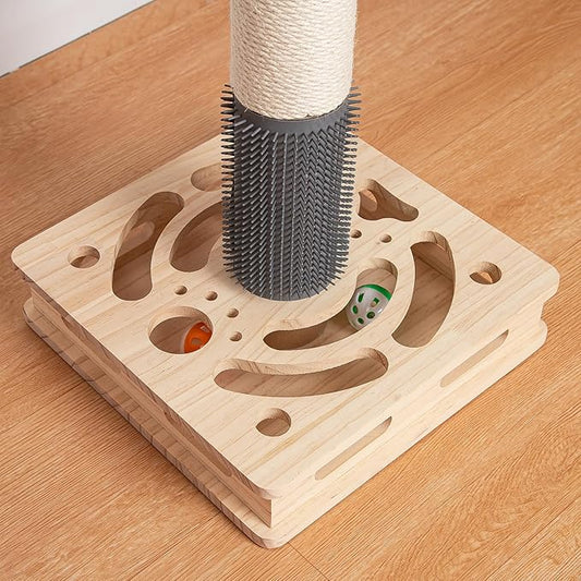 30.3 Inch Large Cat Scratching Post, 4-in-1 Interactive Maze Base with Cat Self Groomer, Natural Pine Wood & Premium Sisal Scratching Pole, Anti-Slip Detachable Design for Indoor Cats
